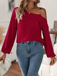 Chain Detail Asymmetrical Neck Lantern Sleeve Blouse - Red - View 6