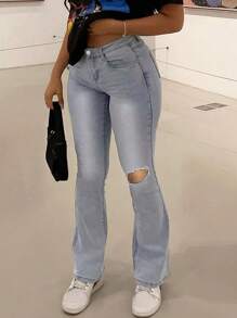 Ripped Flare Leg Jeans - Medium Wash - View 1