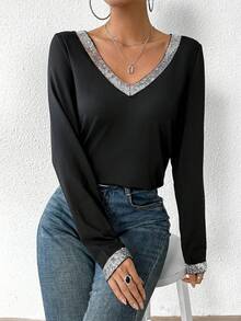 SHEIN Privé 女士閃亮拼接v領t恤 - 黑色 - 查看 5