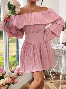 Chiquease Ladies' Off-Shoulder Bell Sleeve Dress Fall Cloth For Women - Baby Pink - View 7