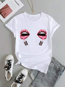 Maweii 唇形和口紅印花短袖t恤,女士輕微彈力休閒tee圓領上衣,適用於春夏,女性服裝 - 白色 - 查看 3
