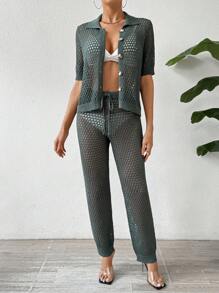 Breezaya Ensemble 2 Pièces Pour Femmes : Haut À Manches Courtes Boutonné Simple Avec Découpe Et Pantalon - Vert - Voir 3