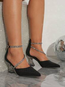 Pointed Toe High Heels With Crystal And Rhinestone Decor Hollow Out Vamp Women's Shoes