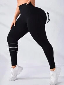 Easithlete 大尺碼女士無縫修身運動打底褲瑜伽褲 - 黑色 - 查看 5