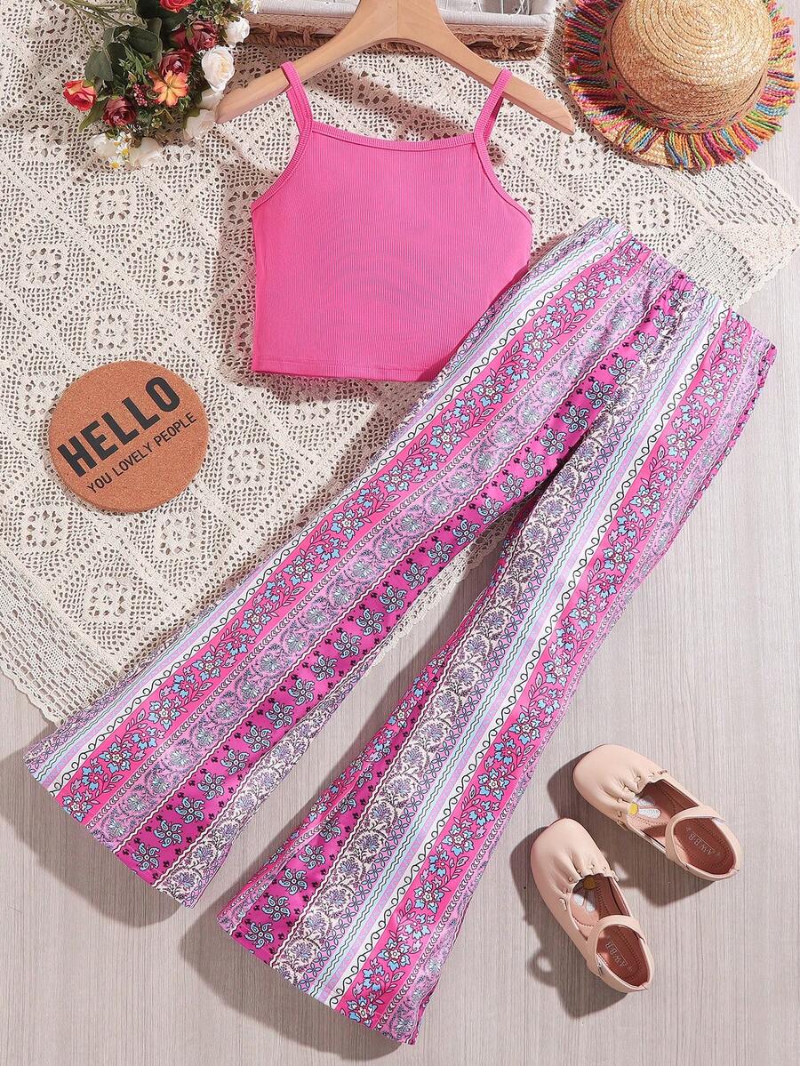 SHEIN 青少女肋骨針織背心和假期喇叭褲二件套裝 - 玫紅色 - 查看 1