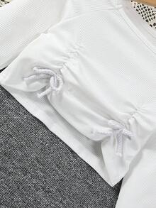 SHEIN Little Girls' Ribbed Knit Raglan Long Sleeve Top And Shorts Casual Fashion Outfit - Multicolor - View 5