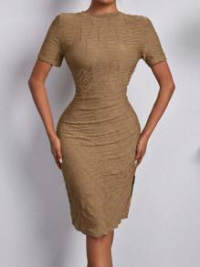 Chiquease Vestido Con Abertura Lateral De Manga Corta De Color Sólido Para Mujer - Negro - Ver 3