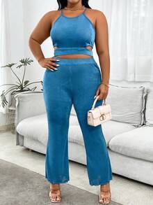 Calvaya Plus Size Solid Color Hollow Out Cami Top And Pants Set - Blue - View 5