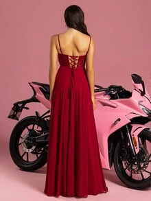 Luxury Handmade Beaded Cami Evening Dress, Burgundy - Burgundy - View 2