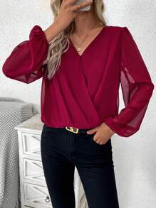 SHEIN LUNE Lantern Sleeve Wrap Top - Burgundy - View 6