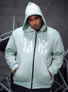 Manfinity Homme Men's Plus Size Hooded Loose Sweatshirt With Letter Print And Zipper Closure