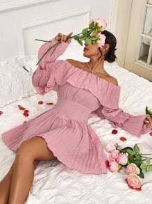 Chiquease Ladies' Off-Shoulder Bell Sleeve Dress Fall Cloth For Women - Baby Pink - View 5