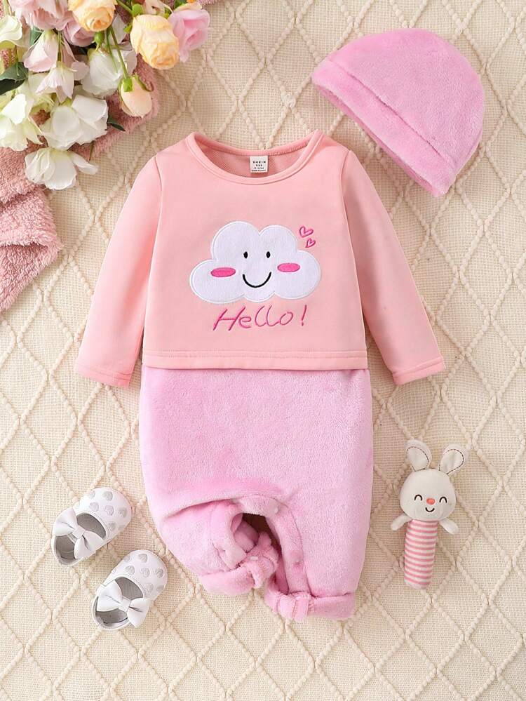 Baby Girls' Long Sleeve Cute Letter Embroidery Patchwork Fluffy Jumpsuit