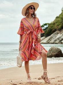 SHEIN LUNE Vestido De Mujer Con Mangas Con Volantes Y Rayas - Multicolor - Ver 3