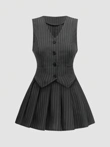 Sweetra Women'S Striped Single-Breasted Vest And Skirt Set - Multicolor - View 1