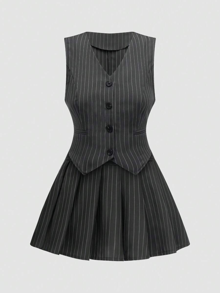 Sweetra Women'S Striped Single-Breasted Vest And Skirt Set - Multicolor - View 1