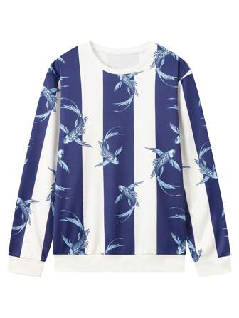 Pulover pentru bărbați, cu imprimeu de pește, cu blocuri de culoare