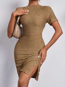 Chiquease Vestido Con Abertura Lateral De Manga Corta De Color Sólido Para Mujer - Negro - Ver 1