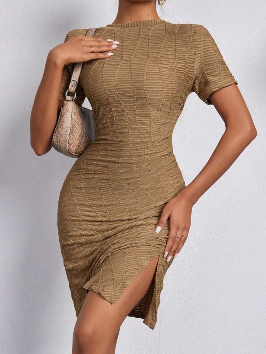Chiquease Vestido Con Abertura Lateral De Manga Corta De Color Sólido Para Mujer - Negro - Ver 1