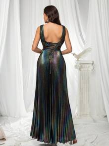 Vestido de noche plisado con escote en V y espalda descubierta holográfico para mujer