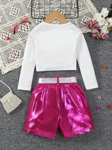 SHEIN Little Girls' Ribbed Knit Raglan Long Sleeve Top And Shorts Casual Fashion Outfit - Multicolor - View 2