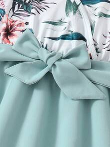 女孩花朵印花蝴蝶結細肩帶連身裙