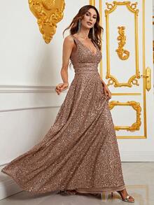 Faeriesty Deep V-Neck Sequin Long Evening Dress, Formal Party Dress Suitable For Gatherings, Parties, Balls, Wedding Guests, Graduation Ceremonies, Galas And Other Occasions - Champagne - View 7
