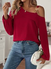 Chain Detail Asymmetrical Neck Lantern Sleeve Blouse - Red - View 7