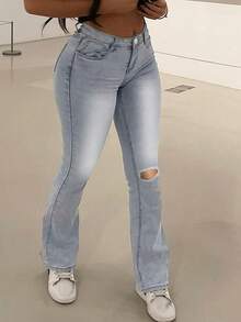 Ripped Flare Leg Jeans - Medium Wash - View 4