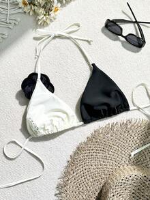 女士 3D 花卉装饰拼色泳衣上衣 - 黑與白 - 查看 4