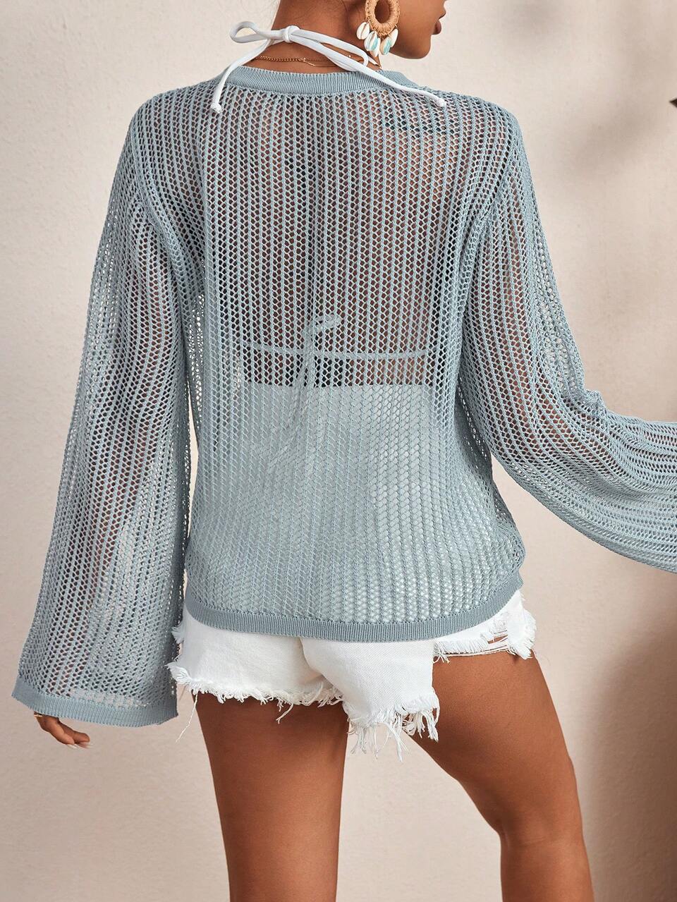 Women's Hollow Out Knitted Bell Sleeve Sweater Fall Winter