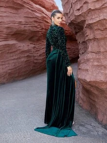 LOVE&LEMONADE 1 件女式立领长袖亮片开叉鸡尾酒礼服优雅正式晚会舞会婚礼宾客礼服，适合毕业典礼、晚宴 - 綠色 - 查看 2