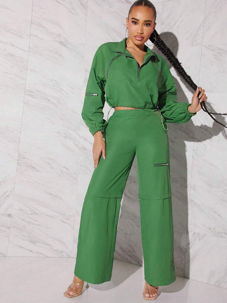 Half Zip Top & Wide Leg Pants Two Piece Set