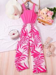 SHEIN Jumpsuit Colorblock com Estampa de Folha Tropical e Perna Larga para Adolescentes, Adequado para o Uso Diário e Férias