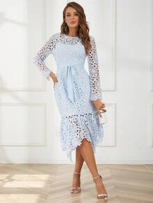 Eilly Bazar Solid Color Lace Long Sleeve Asymmetrical Hem Dress - Baby Blue - View 4