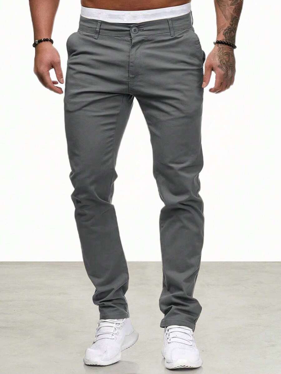 Manfinity Homme Pantalones De Pierna Recta De Color Liso Para Hombre - Gris Oscuro - Ver 1
