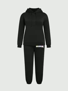 SHEIN LUNE 2pcs/Set Cool Hooded Long Sleeve Fleece Sweatshirt And Long Sports Pants With Gradient Cartoon Animal & Text Print - Black - View 3