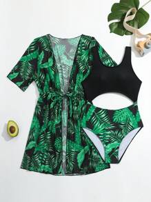 少女連身泳裝和植物印花和服 - 黑色 - 查看 1