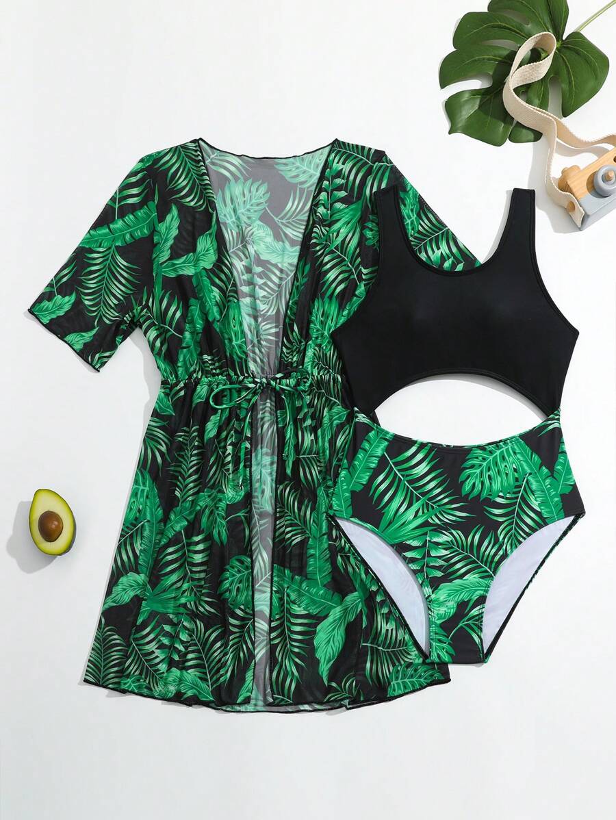 少女連身泳裝和植物印花和服 - 黑色 - 查看 1