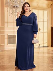 XUIBOL Váy dạ hội thêu sequin tay đèn lồng cỡ lớn cho nữ (Thêu dày) Váy dạ hội dự tiệc cưới trang trọng dài tay thanh lịch, dự tiệc tốt nghiệp, tiệc tối - Màu xanh hải quân - Xem 2