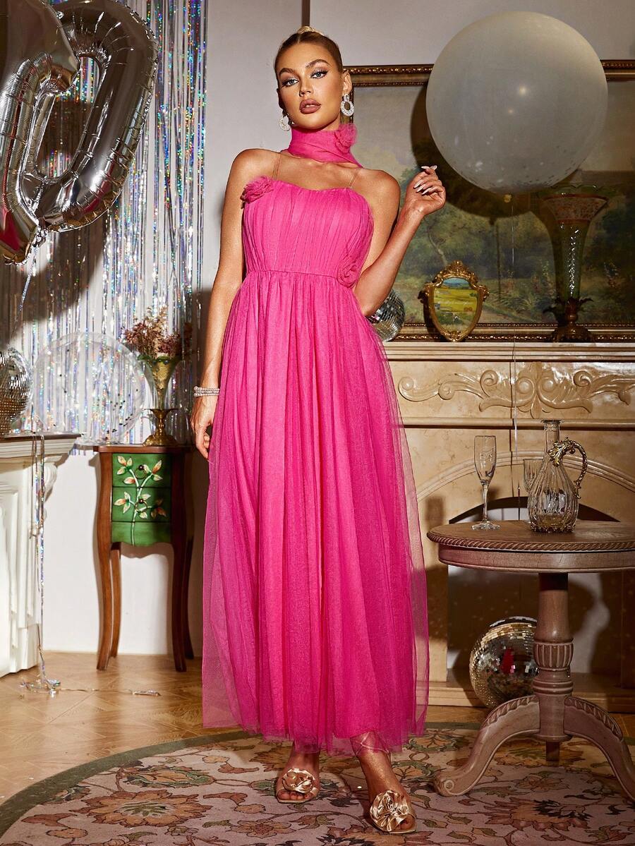 Glamaker Women'S Mesh Flared Cocktail Dress - Hot Pink - View 1