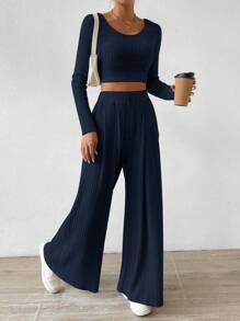 Chiquease Women's Short Cropped Sleeve T-Shirt And Wide-Legged Pants Two-Piece Set - Royal Blue - View 6