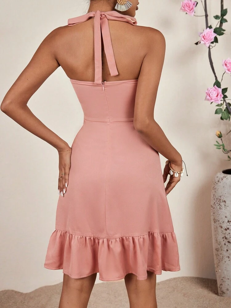 Women's Cross Wrap Shirred Panel Ruffle Hem Halter Neck Dress