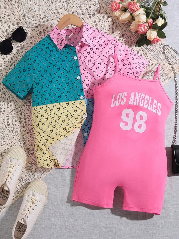 Tween Girl Cool Color Block Heart Print Shirt And Letter Print Cami Romper Two Piece Set For Streetwear
