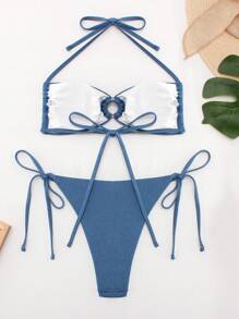 SHEIN Swim Summer Women's Circular Ring Decorated Knot Side Bikini Set Carnival - Blue - View 5