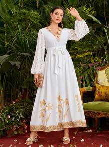 Divindia Damski Złota folia Nadruk Rękaw latarnia Sukienki