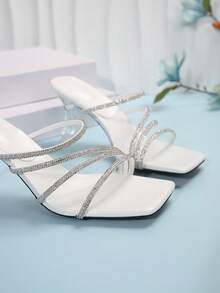 女士时尚法式水晶高跟一脚蹬凉鞋，2024 年夏季新款水钻装饰拖鞋，可搭配连衣裙 - 白色 - 查看 5