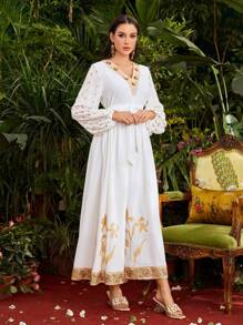 Divindia Damski Złota folia Nadruk Rękaw latarnia Sukienki