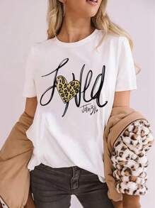 Calvaya 豹心印花t卹,女款加情人節短袖圓領休閒上衣春夏女裝 - 白色 - 查看 1