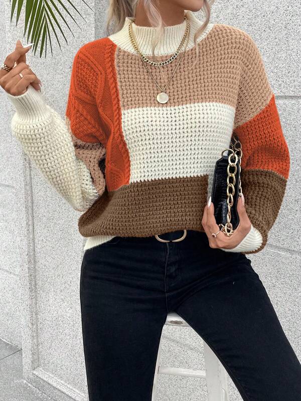 SHEIN Essnce Contrast Color Stand Collar Drop Shoulder Sweater